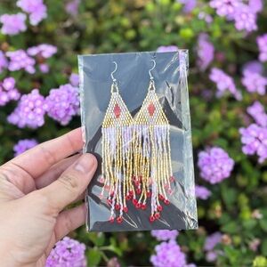 NEW Iridescent Pink, Gold & Red Beaded Earrings